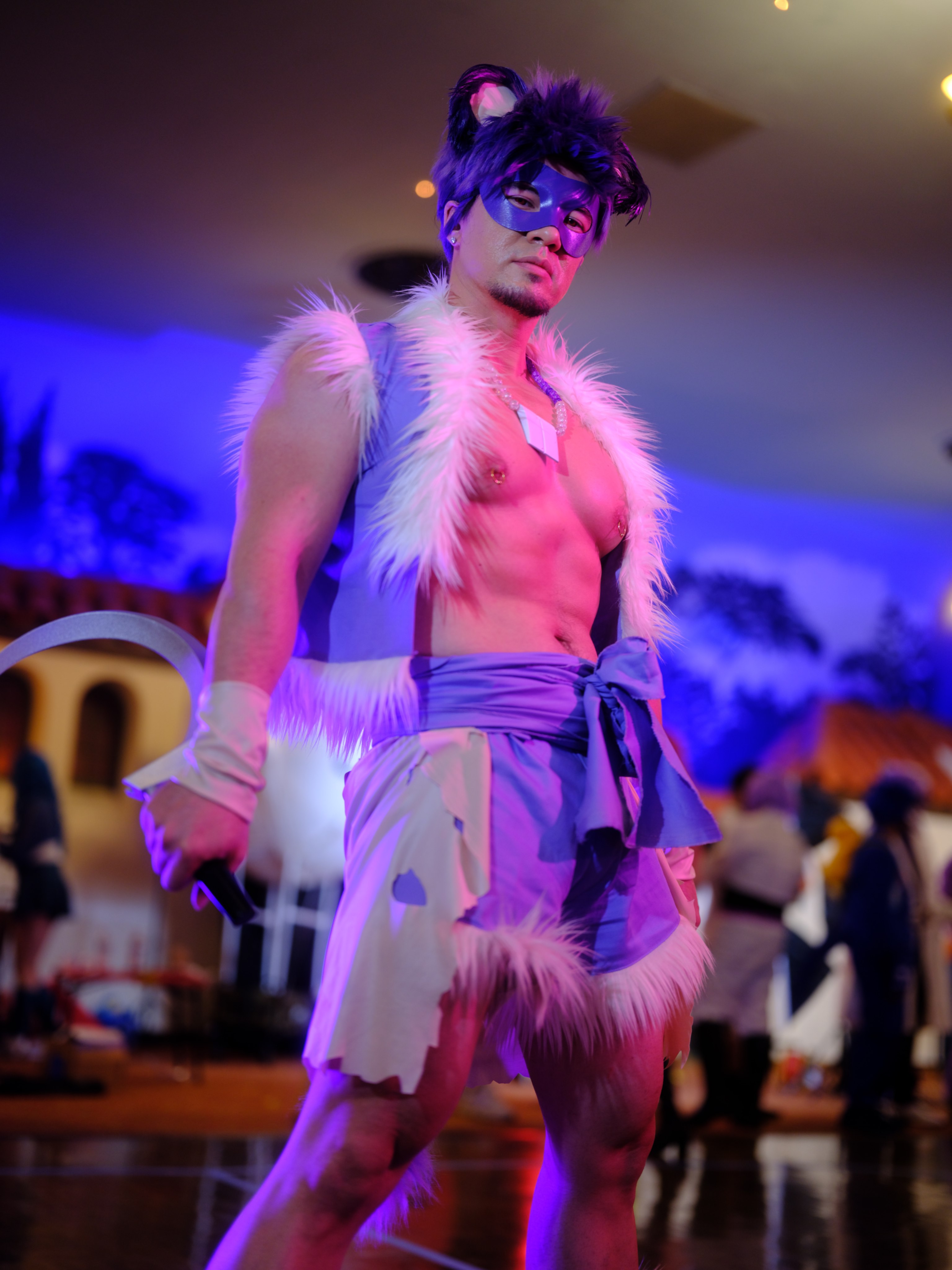 Oliver “Kohalu” Holmes as Rattata from Pokémon, in a purple creature costume with ears and a tail