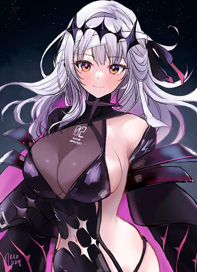 Illustration by Nekopon. A woman with long blonde hair in a black outfit with a white collar, on a pink background.
