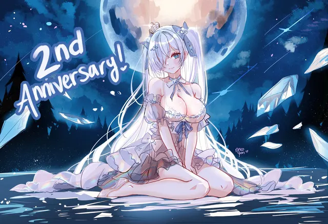 Illustration by Nekopon. Two women side by side, one with blue hair in white and blue, one with pink hair in white and pink.