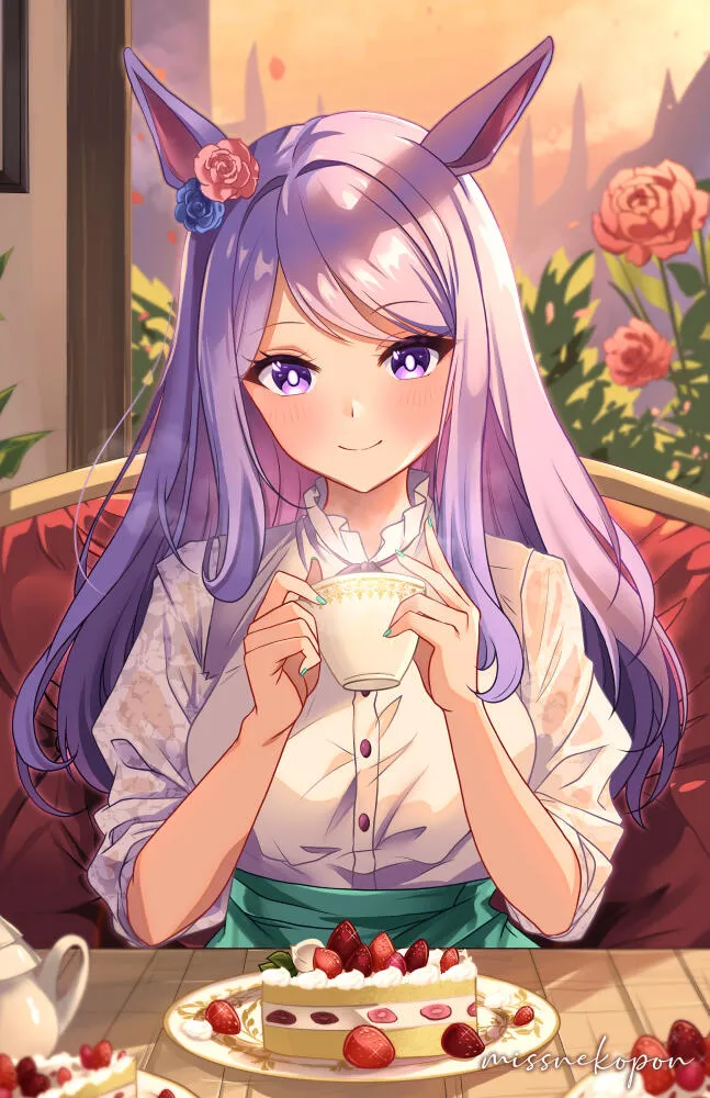 Illustration by Nekopon. A woman with long blue hair in a white and blue outfit, on a blue background.