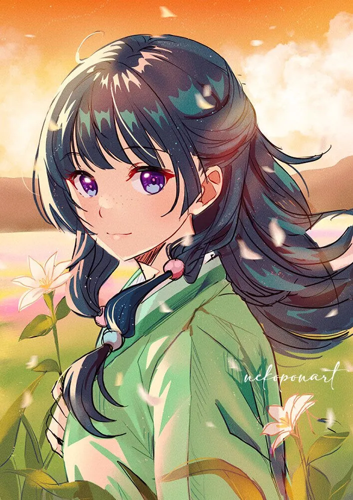 Illustration by Nekopon. A woman with long light blue hair in a black and white outfit, on a pink background.