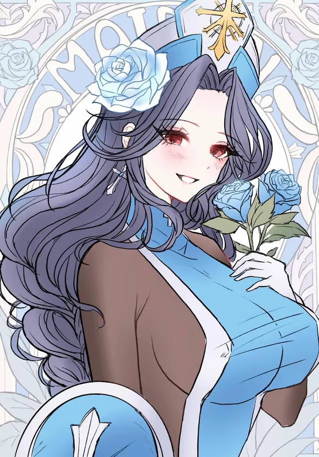 Illustration by Nekopon. A tall illustration of a woman with long blue hair in a white and blue outfit, on a pink background.