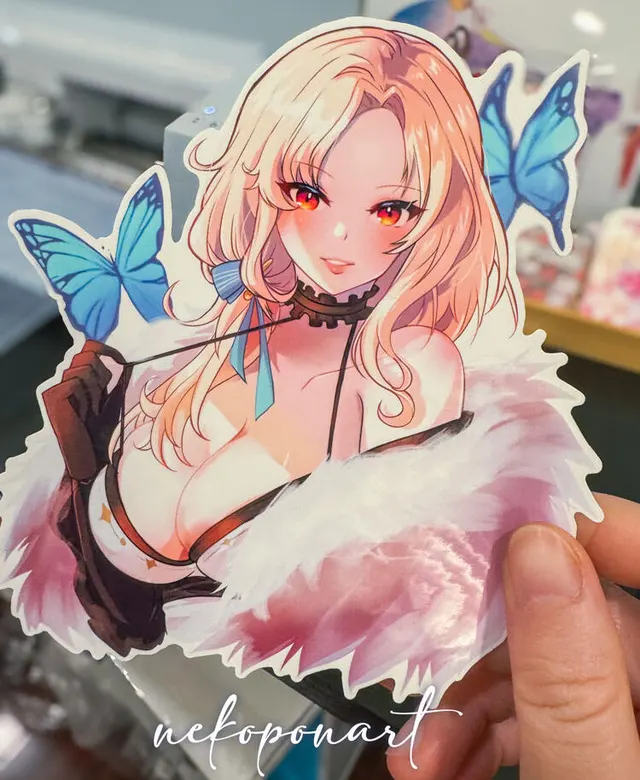 Merch example by Nekopon. A sticker of a woman with long pink hair in a white and blue outfit.