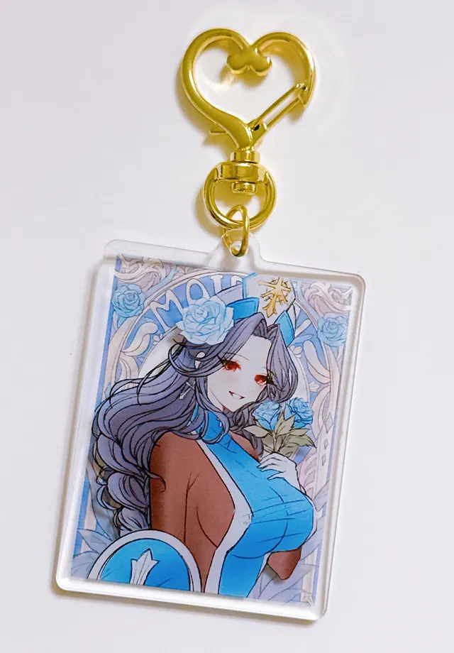 Merch example by Nekopon. A tall print of a woman with long pink hair in a white and blue outfit.