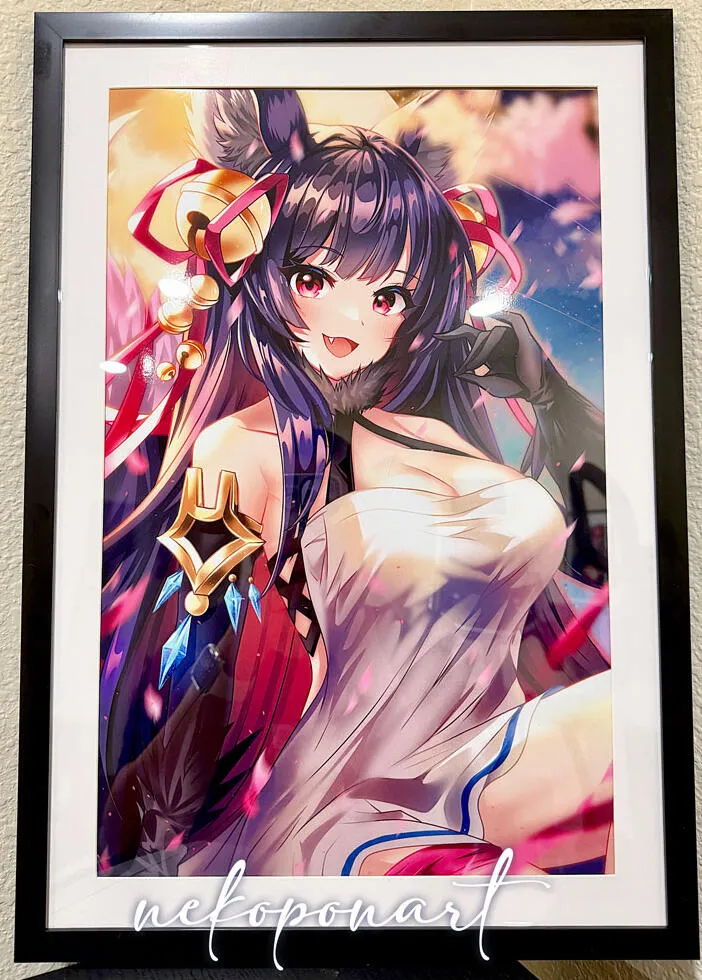 Merch example by Nekopon. A sticker of a woman with long pink hair in a white and blue outfit.