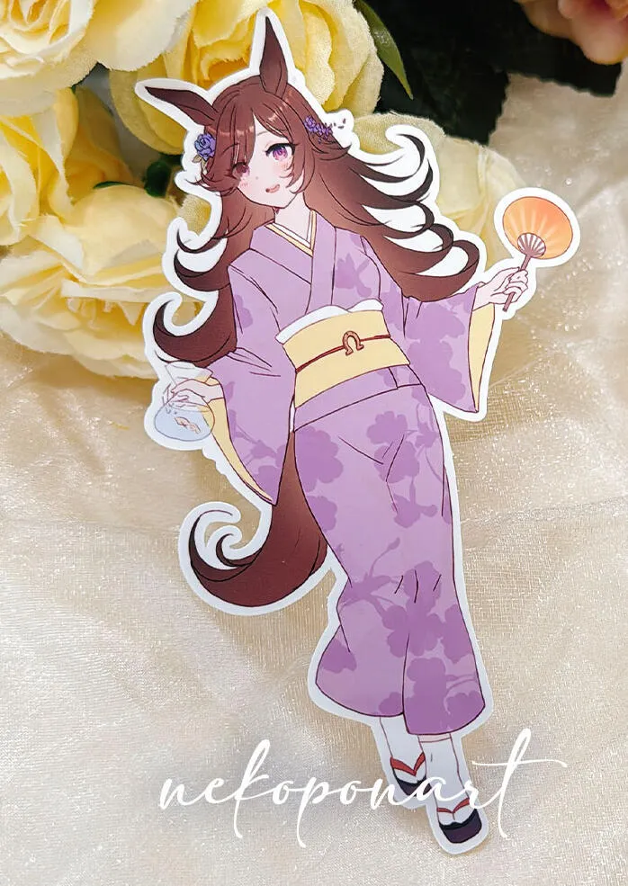 Merch example by Nekopon. A sticker of a woman with long pink hair in a white and blue outfit.