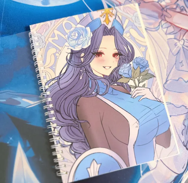 Merch example by Nekopon. A square print of a woman with long pink hair in a white and blue outfit, hands held near her chest.