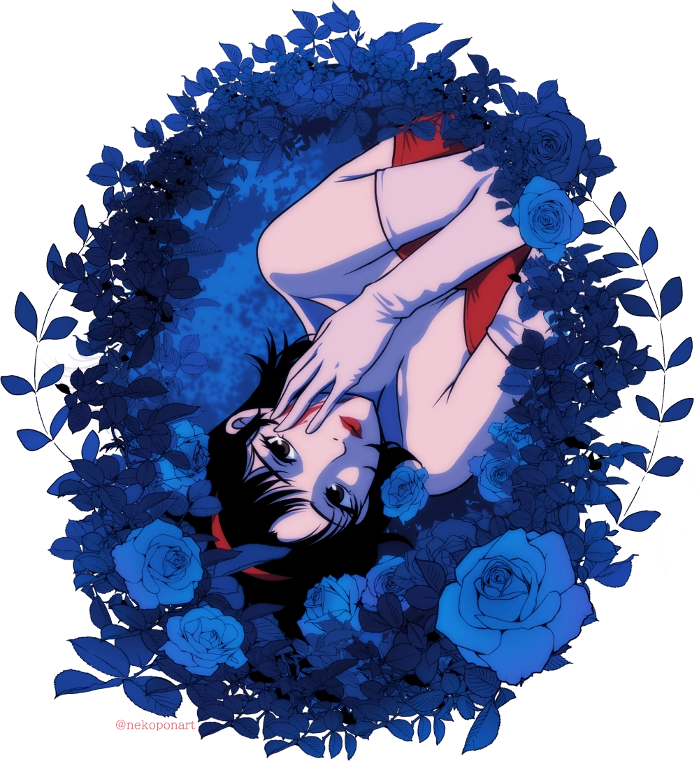 Nekopon's Perfect Blue artwork of Mima surrounded by blue roses