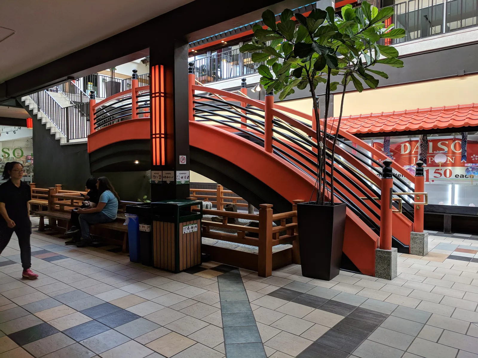 The red bridge between shops inside the Japan Center