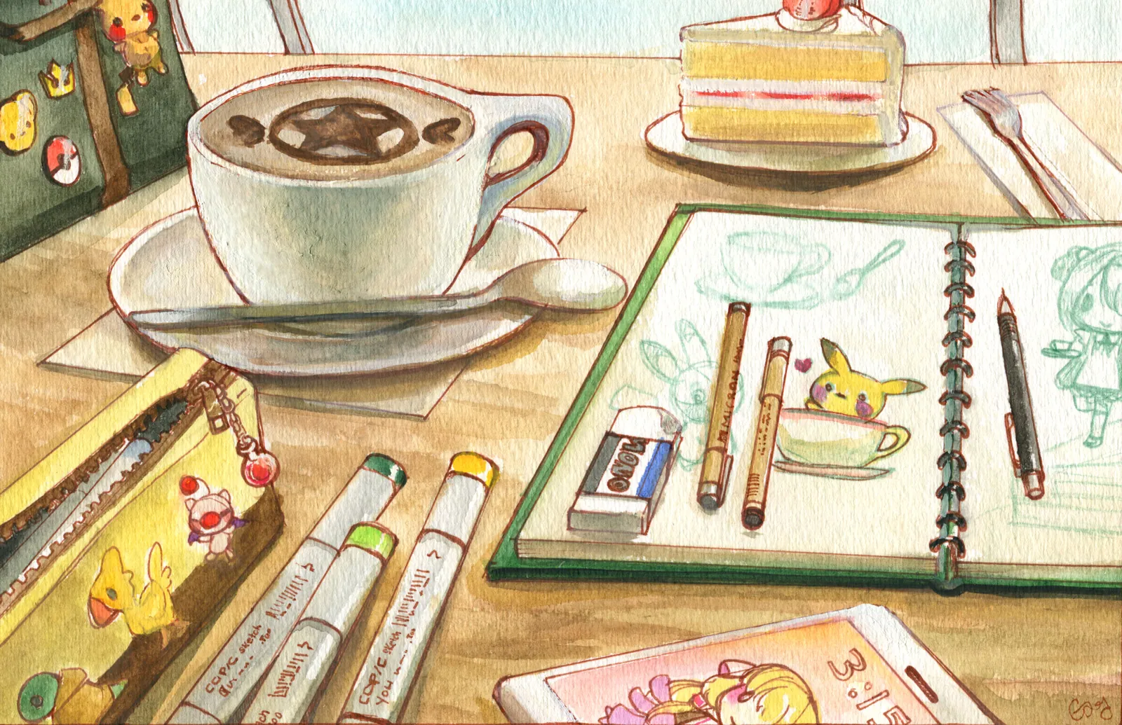 Illustration from Screen Savor of a latte, cake and sketchbook on a cafe table